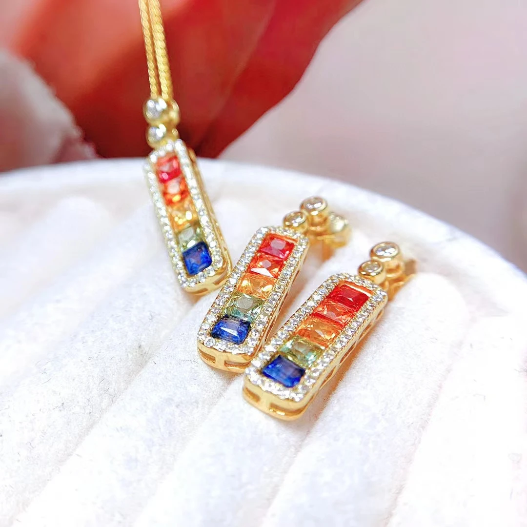 MeiBaPJ Natural Colourful Sapphire Fashion Jewelry Set Pendant Earrings 2-pieces Suit Fine Wedding Jewelry for Women