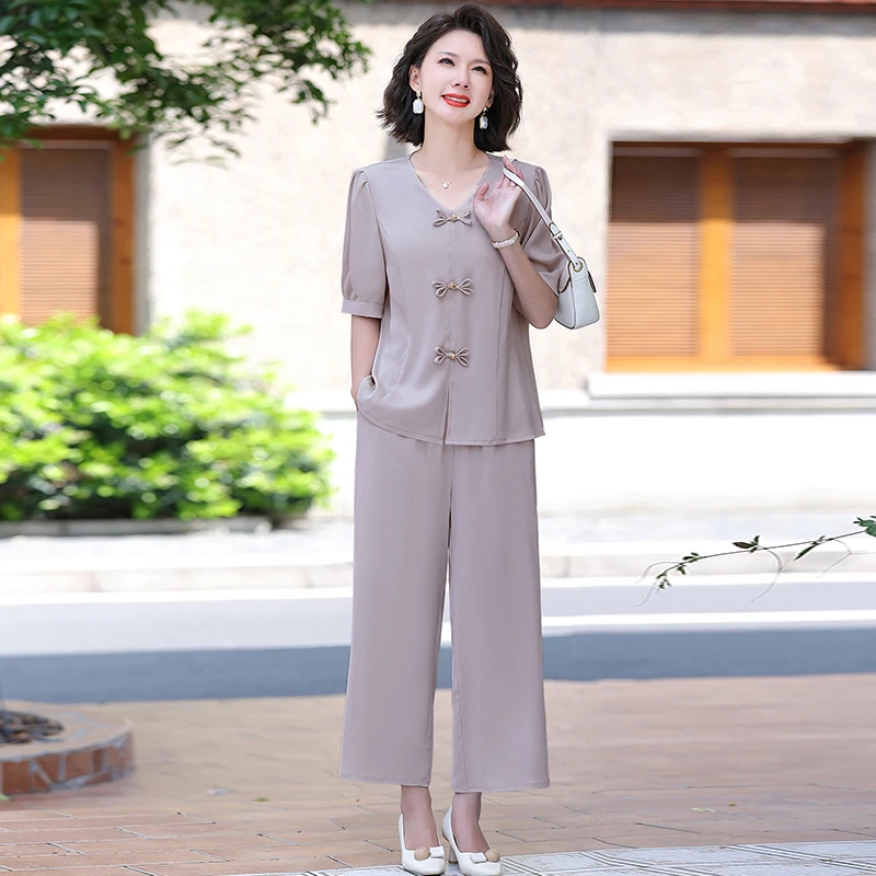 

Summer Set Short Sleeved Slimming Stylish Casual Korean Version Solid Color Suit For Women Shirt+Pant Two-Piece Set