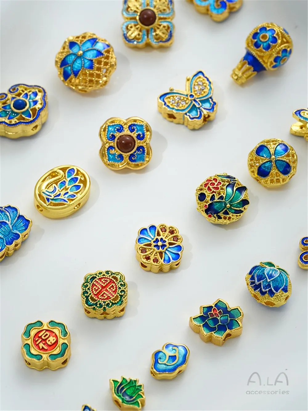 Copper Gold-plated Enamel Butterfly Auspicious Cloud Lotus Chinese Knot Back Cloud Blessing Cloisonne Bead DIY Accessories