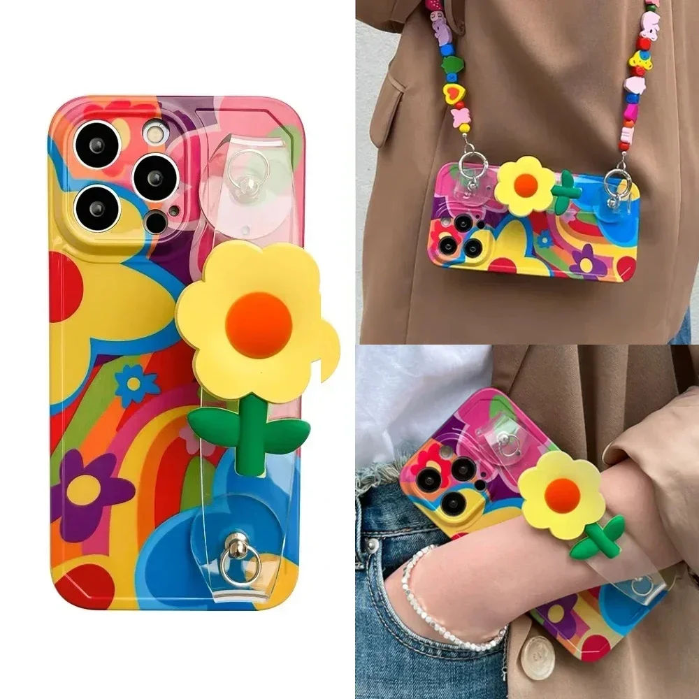 Fashionable Oil Painting Daisy Wristband Phone Case for IPhone 16 15 14 13 12 11 Pro Max Silicone Case with Crossbody Strap