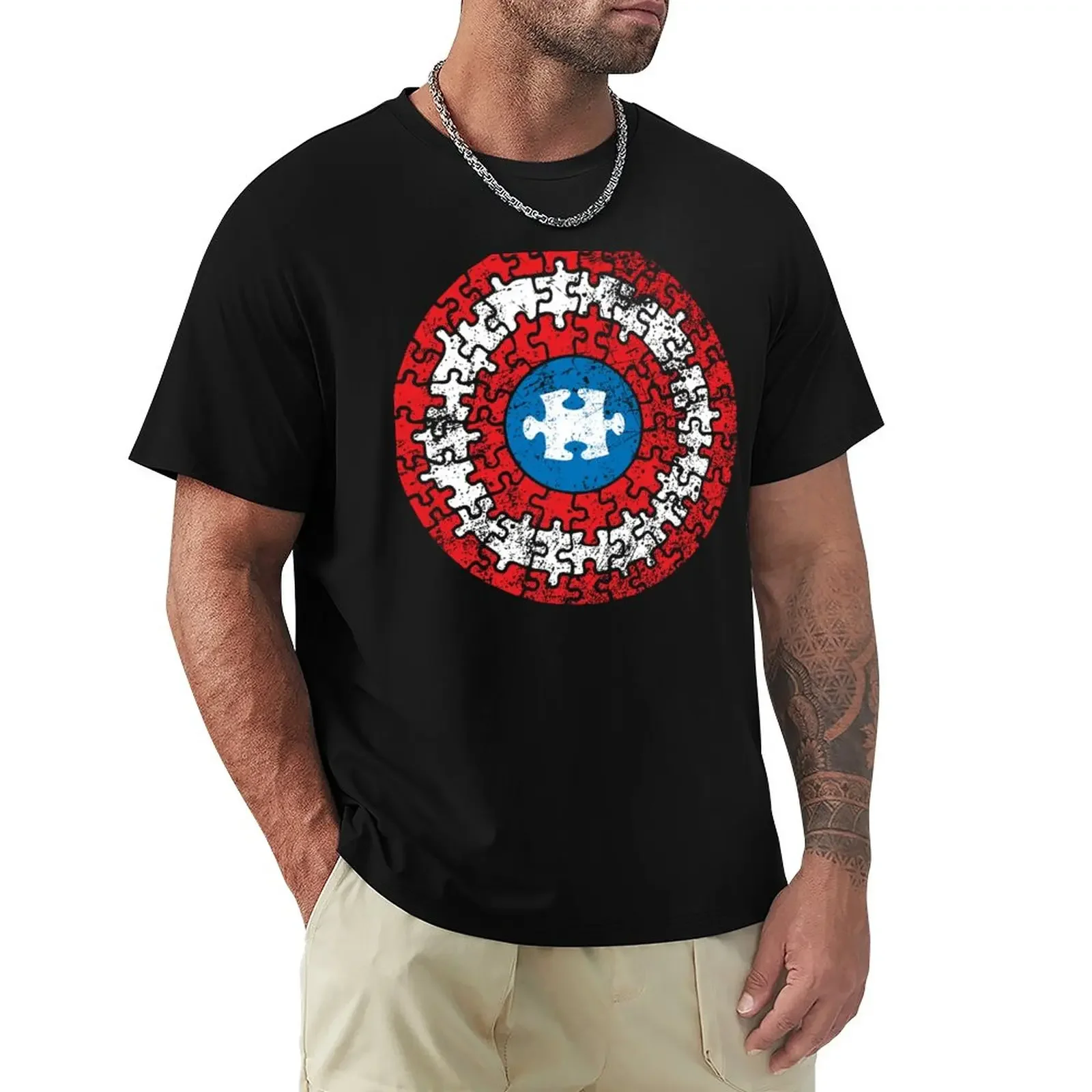 

Autism Awareness Captain Autism Puzzle Shield T-Shirt Aesthetic clothing tops sublime oversized t shirt men