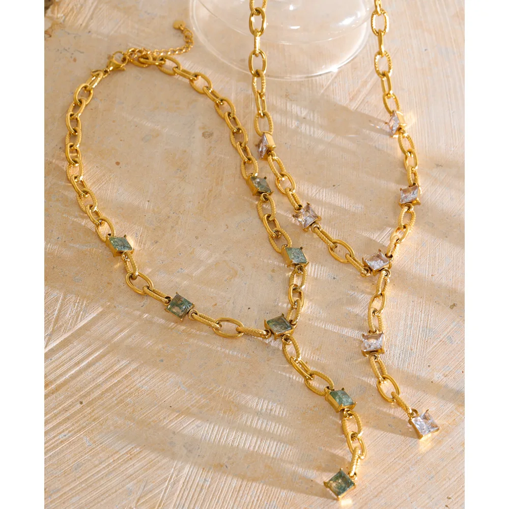 Yhpup New Stainless Steel Cubic Zirconia Glass Square Y Chain Necklace Fashion Glamorous Prom Aesthetic Jewelry