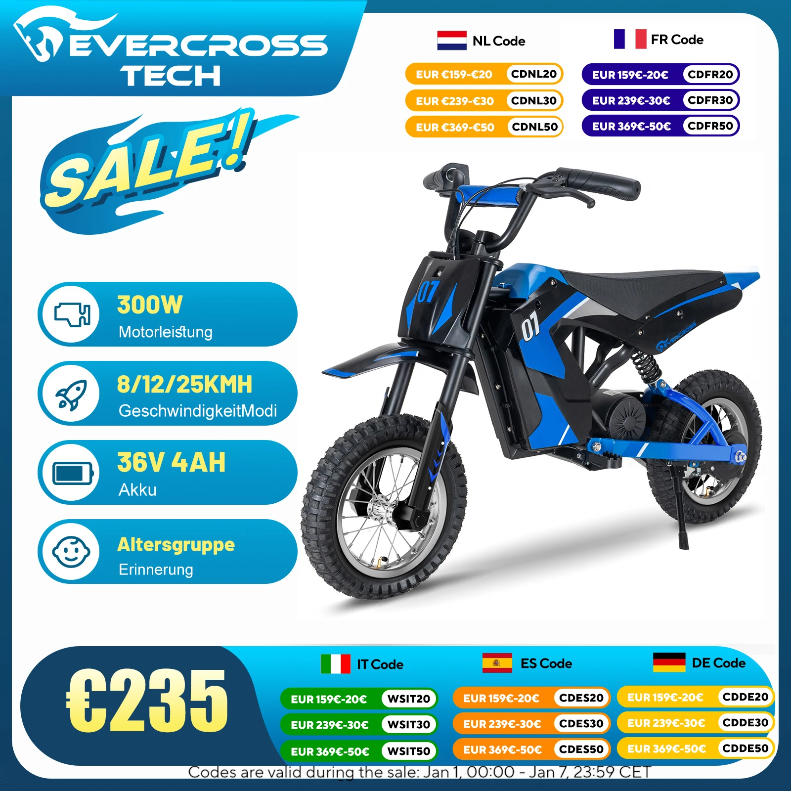 EVERCROSS TECH children's electric Motorbike EV12M-motor 300W, Max speed 25 km/h, autonomy 15 km, 12-inch tires