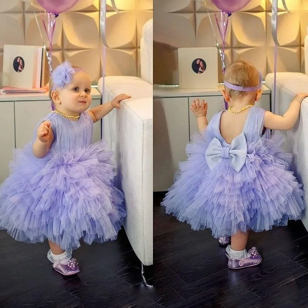 

Lilac Flower Girl Dress O Neck Sleeveless Pleat Ruffles Tulle Puff Birthday Party Gown Cute Girls First Communion