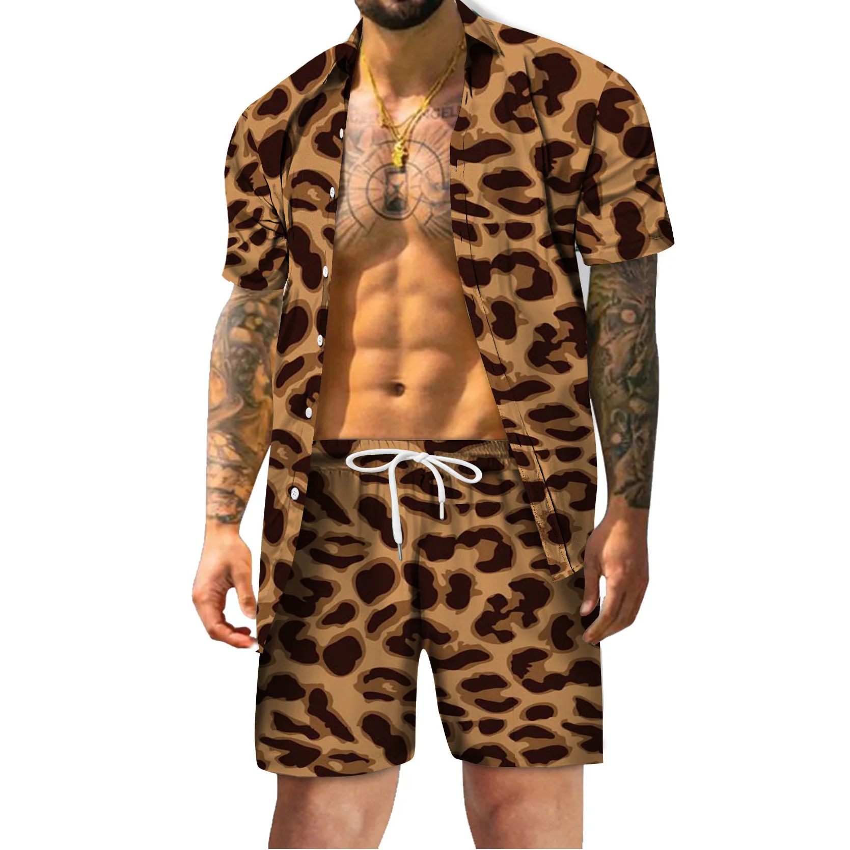 Luxus Leoparden muster Set Herren 2 Stück Shirt Shorts 3D-Druck lose Freizeit Kurzarm Strand hemd Urlaub Mode zweiteilig Set