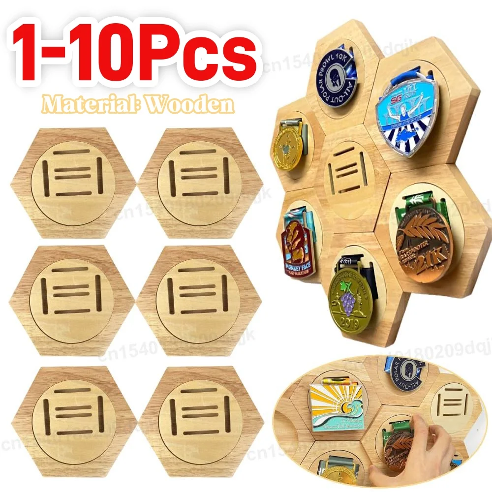 1-10Pcs Wooden Medal Display Racks Hexagonal Honeycomb Combination Medal Holder Honor Commemorative Display Home Wall Decoration
