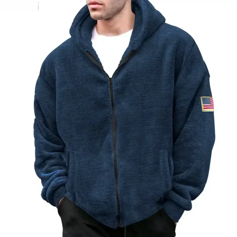 Autumn Winter Men's Warm Fleece Coats Hooded Sweatshirt Zip-up Long Sleeve Loose Plush Jackets Men Casual Outerwear Jackets