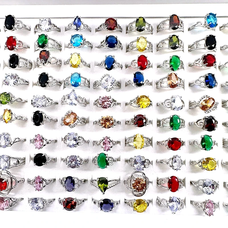 20/30/50/100pcs Rings For Women Silver Plated Multicolor Crystal Zircon Stone Fashion Jewelry Party Gift Wholesale Lot