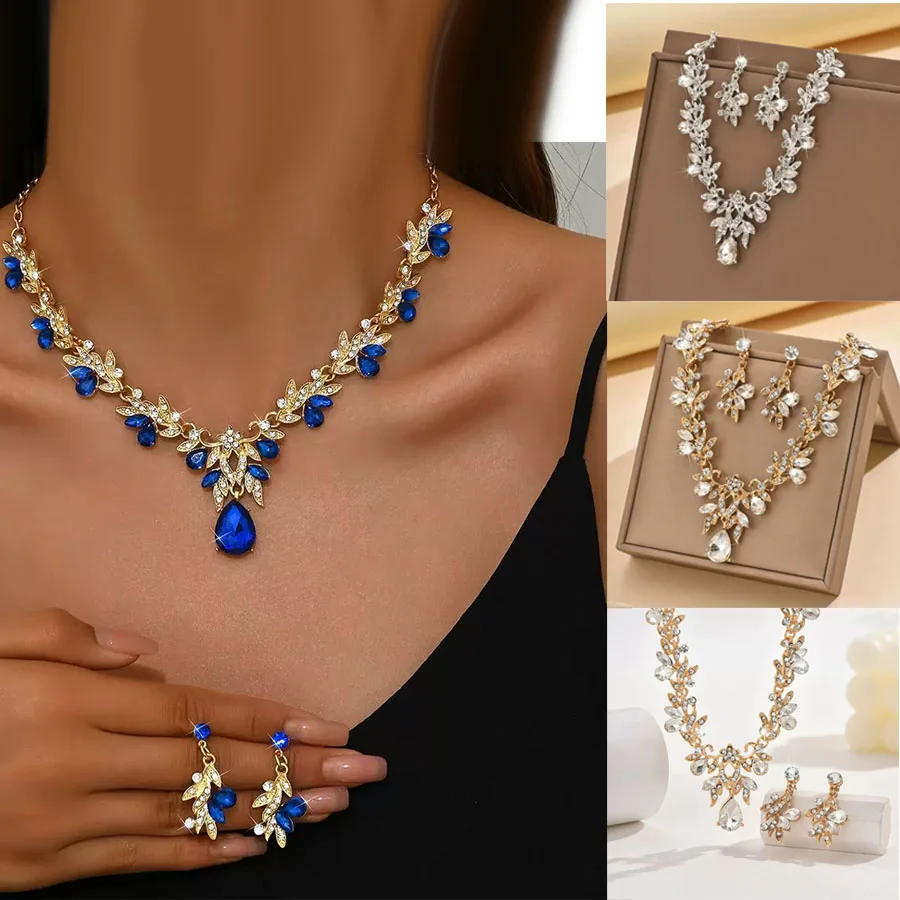 1 set of silver jewelry set for brides, including zinc alloy necklace and earrings, classic crystal rhinestone design, suitable