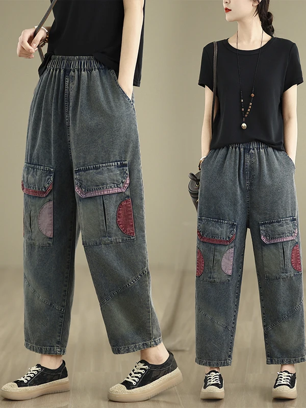 

Retro Faion Color Blo ket Denim Pants Loose Slimming Harlan Waed Nine Points Casual High Waist Blue Cotton Polyester