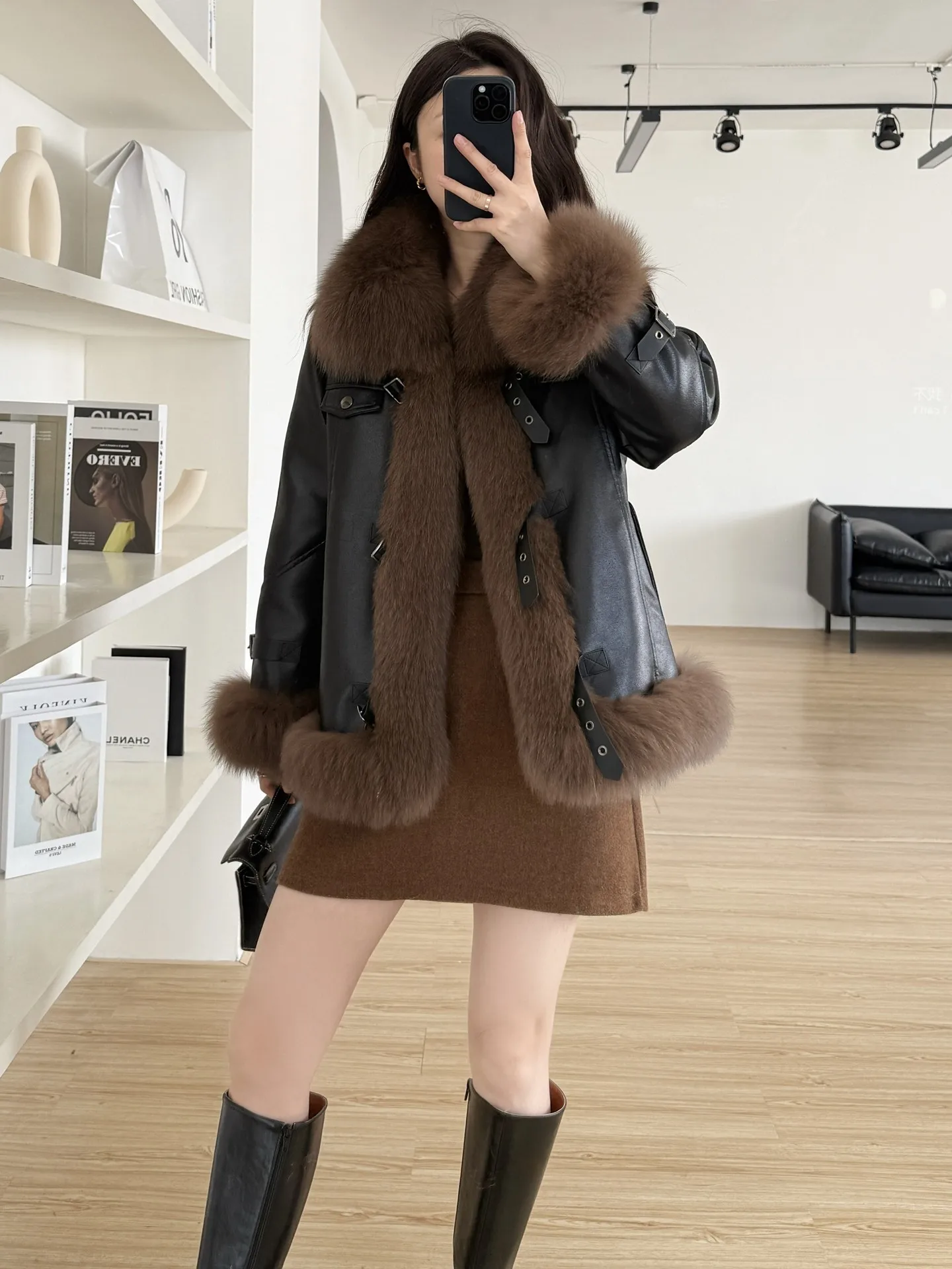 Peter street 2025 inverno nova locomotiva camurça casaco de pele de raposa feminino branco ganso para baixo jaqueta explosão