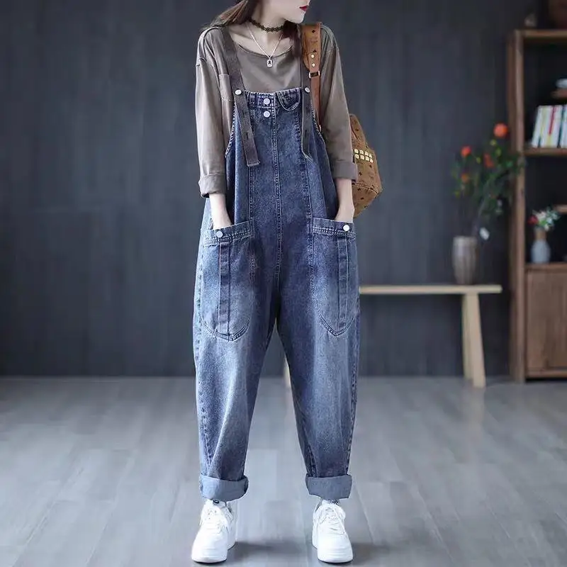 

Women's Large Size Denim Jumpsuits Spring Autumn Korean Version Loose Harem Pants Retro Casual Pocket Wide Leg Overalls Jeans