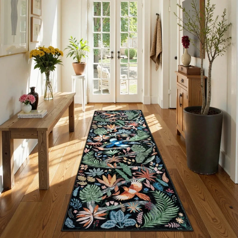 

Ковер-дорожка для коридора, мягкий, машинная стирка, нескользящий, черный, с богемным узором птиц, для прихожей, домашний декор, Alfombra