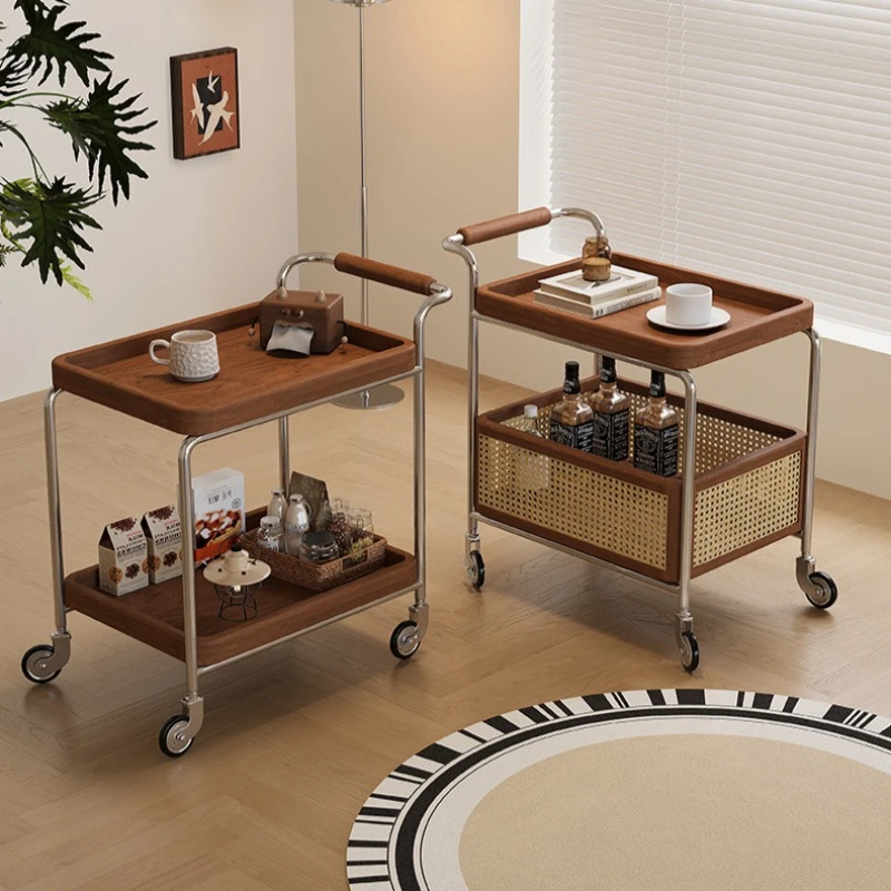 Mesa auxiliar de madera maciza, mesa de centro para sala de estar, mesa auxiliar móvil vintage, mesa auxiliar para sofá, carrito con estantes de almacenamiento, mesita de noche