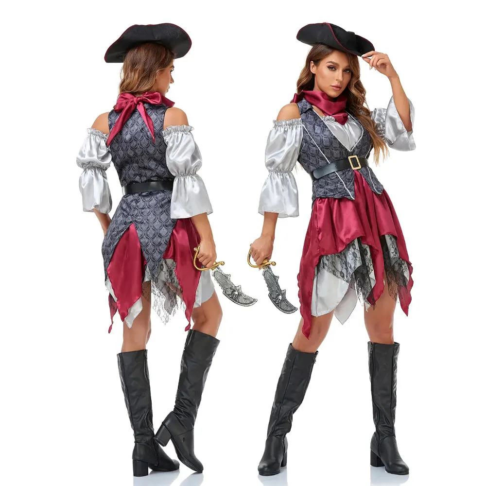 

Women Adult Halloween Carnival Party Caribbean Pirate Cosplay Costume Stage Performance Captain Huntress Fancy Dress