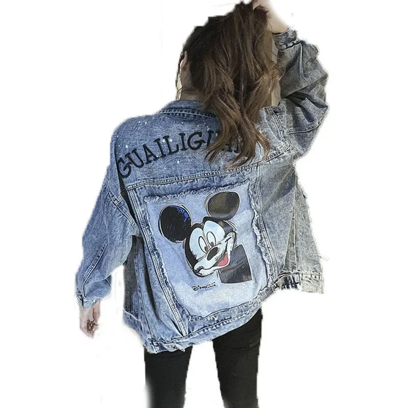 ديزني الصناعات الثقيلة الكرتون ميكي المطرزة كاوبوي معطف المرأة طالب ربيع الخريف أنيمي نمط الدنيم سترة النساء