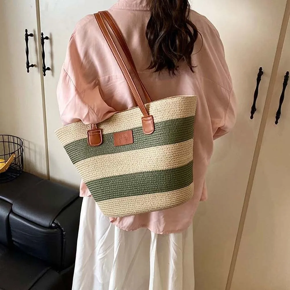 

Большая вместительная полосатая тканая сумка-тоут, легкая соломенная сумка для покупок из полиэстера, сумка для подмышек, кожаная летняя пляжная сумка, школьная