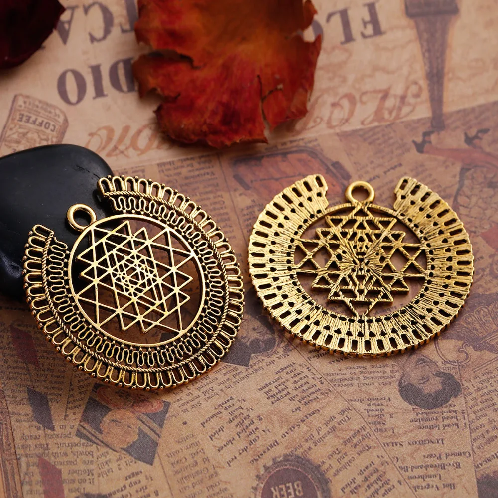 2pcs Vintage Sri Yantra Meditation Pendants Round Antique Gold Color Hollow Charms DIY Making Necklace Jewelry Findings 49x47mm