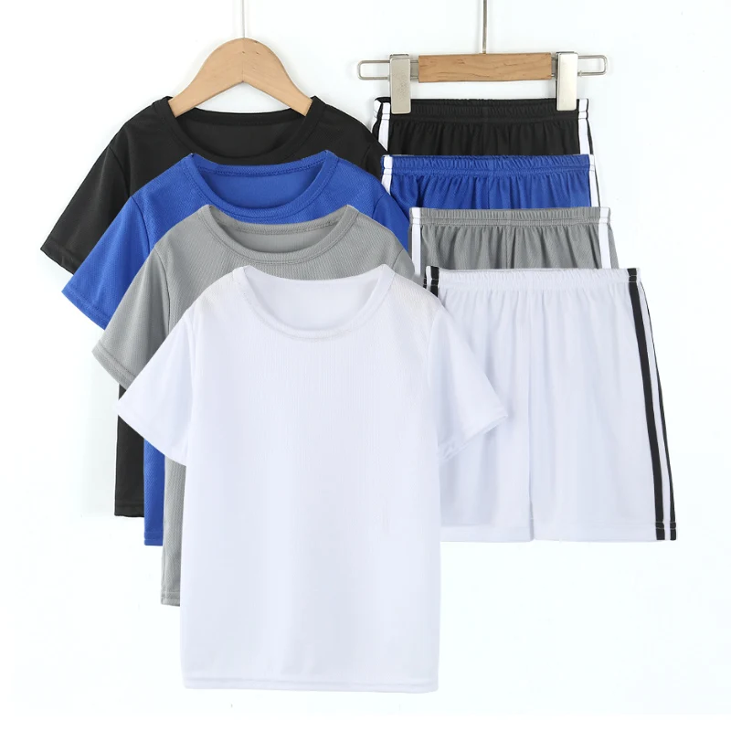 Children\'s summer thin quick-drying short-sleeved shorts two-piece boys and girls solid color loose leisure sports suit.