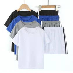 Children's summer thin quick-drying short-sleeved shorts two-piece boys and girls solid color loose leisure sports suit.