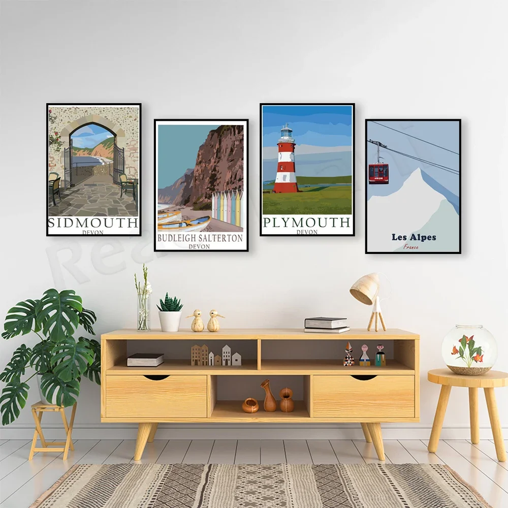 Plymouth Devon, Sidmouth East Devon, Budleigh Salterton East Devon seaside sandy beach, vintage ski print, travel poster