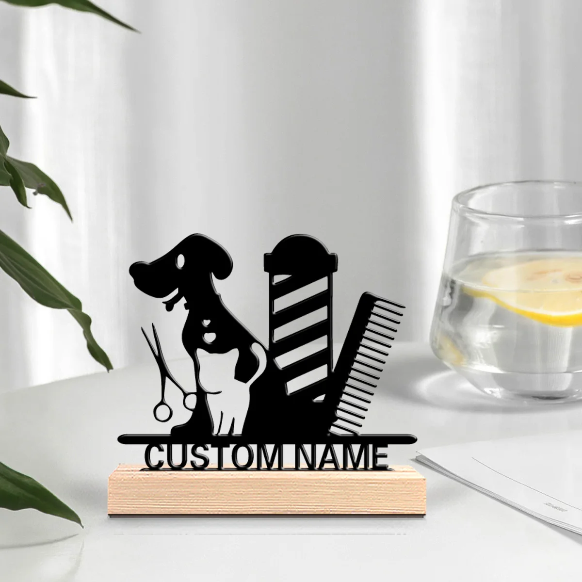 1pc Pet grooming tools Customized Text Metal Statue Iron Ornament Handicraft With Wood Base With Wood Base For Youth Gifts