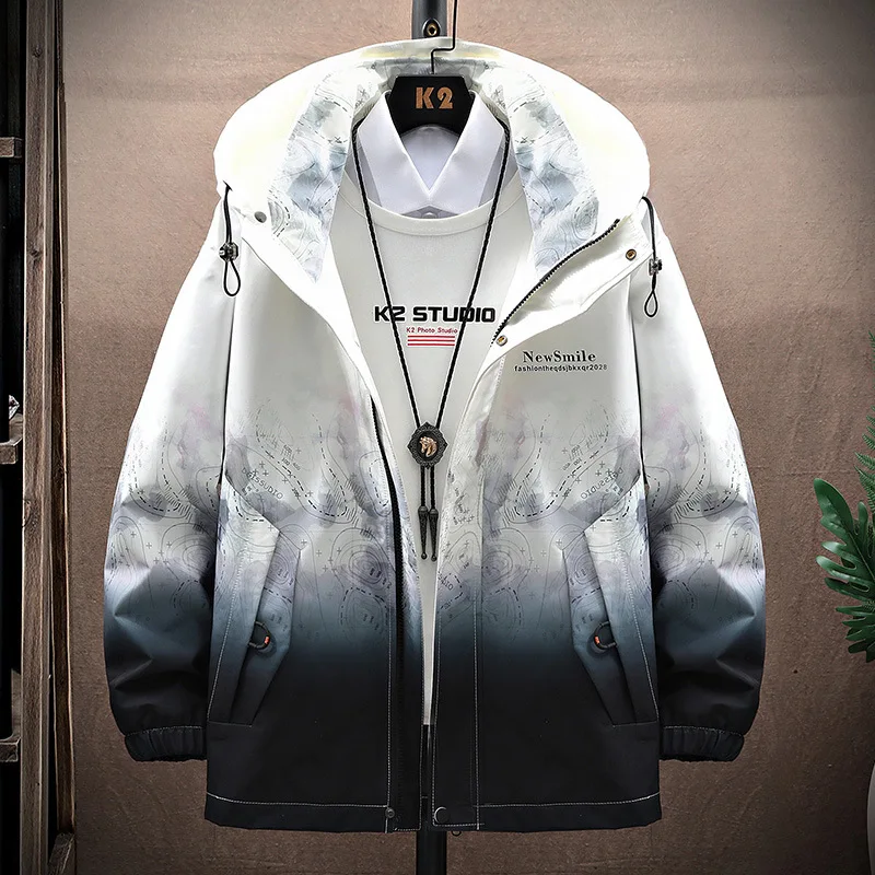 

Men's Spring-Autumn Long-Sleeved Hooded Windbreaker Gradient Printed Casual Jacket Latest Model