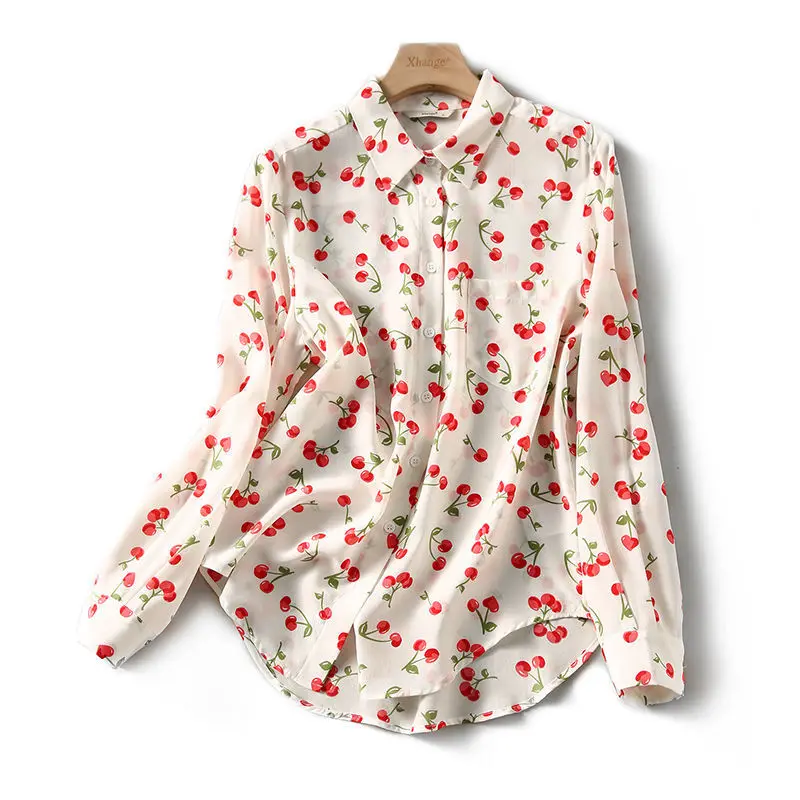 Women Shirts Long Sleeve Chiffon Blouse Fashion Print Cherry Flower Top Shirts for Women Autumn Under Shirt Ladies Office F143