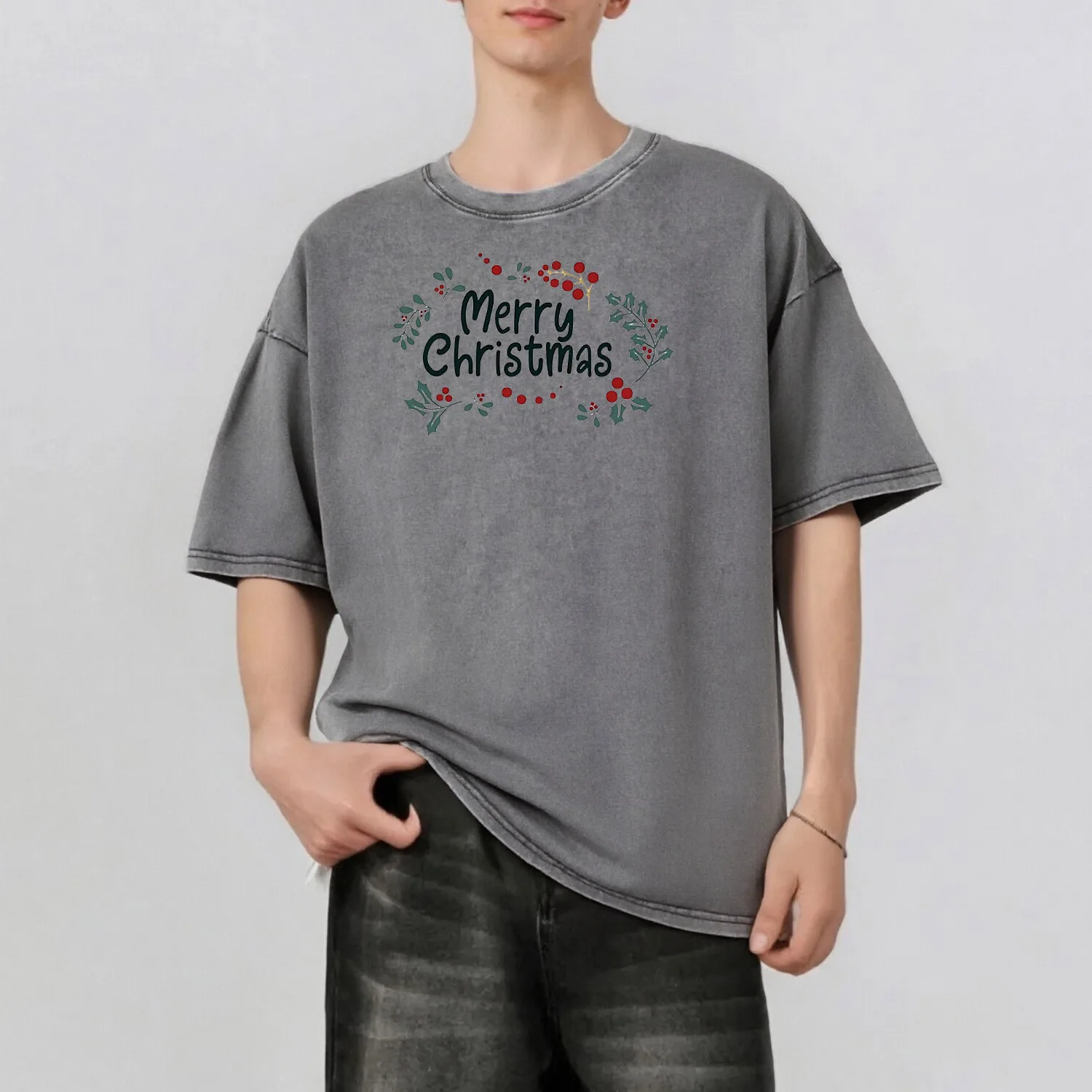 Merry Christmas Graphic Printing Men's Summer Retro Style Washed Water T-Shirt Casual Short Sleeved Basic Men's Top 230G