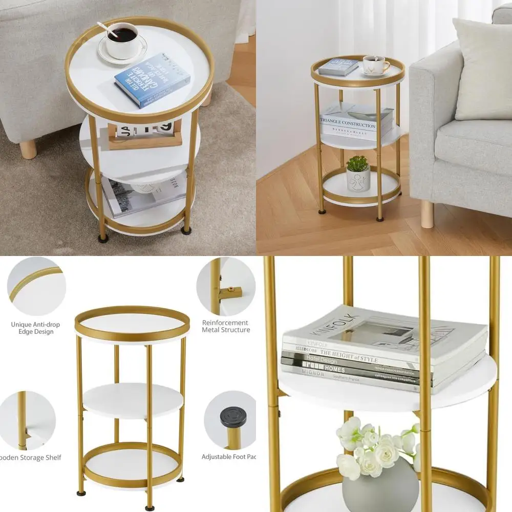 

Компактный белый и золотой 3-х уровневый приставной столик с местом для хранения вещей для гостиной и спальни, тумбочка