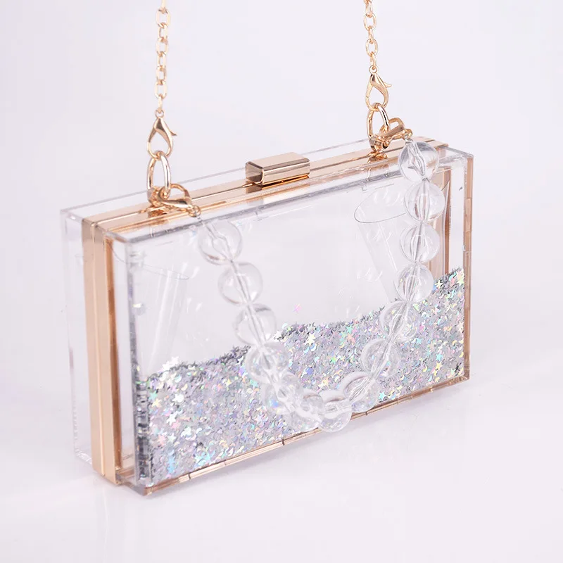 Shoulder Cosmetics Ladies Bag Y2k Transparent Liquid Sand Bead Chain Acrylic Party Wedding Handbag