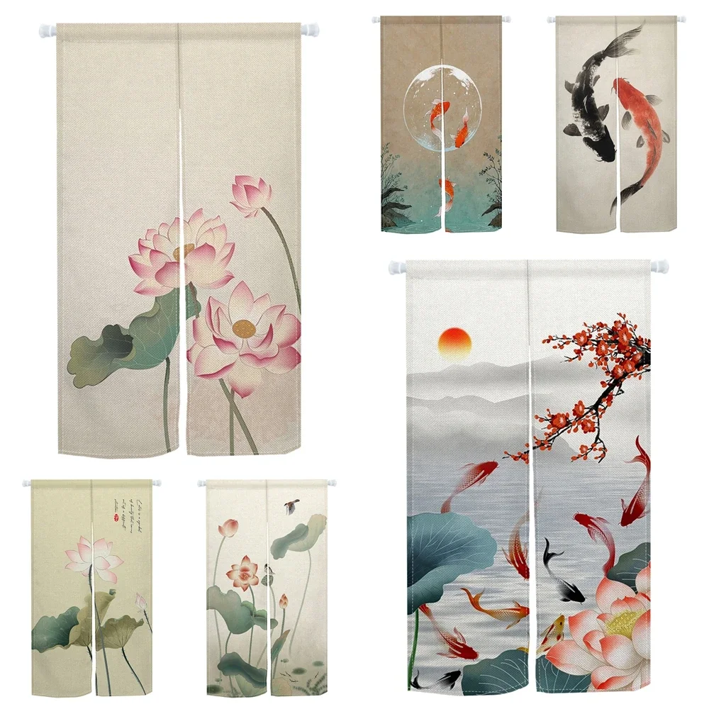 Koi Lotus Kitchen Living Room Entrance Partition Short Curtain Japanese Ukiyo-e Door Curtain Noren For Cabinet Covering Curtains