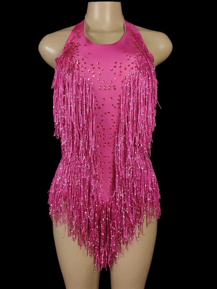 

Neck Hanging Tassel Bright Diamond Sleeveless Neck Hanging Jumpsuit Latin Dance Performance Competition Practice Costume