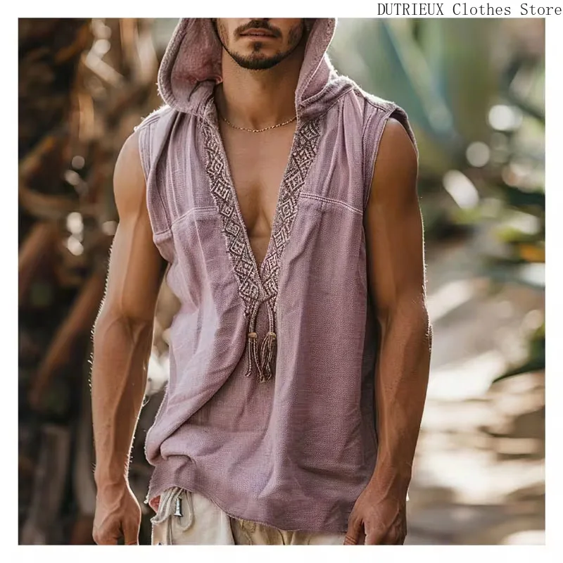 Pink Hooded Sleeveless Men's Vest Vintage Ethnic Hooded Men's Sleeveless Shirt Men's Long Cardigan Hooded Sleeveless Vest Top