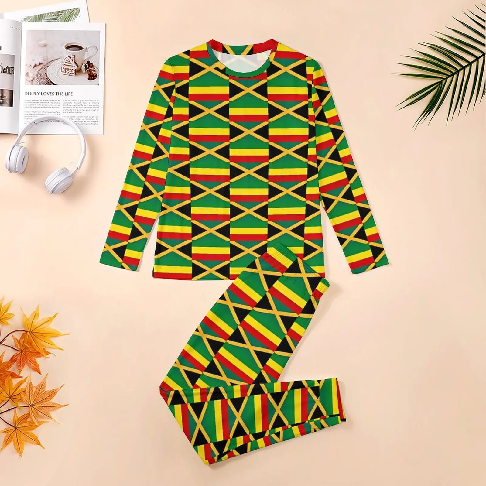 Jamaican Flag Pajamas Autumn Flag of Jamaica Leisure Sleepwear Men 2 Piece Custom Long Sleeve Cool Oversized Pajama Sets