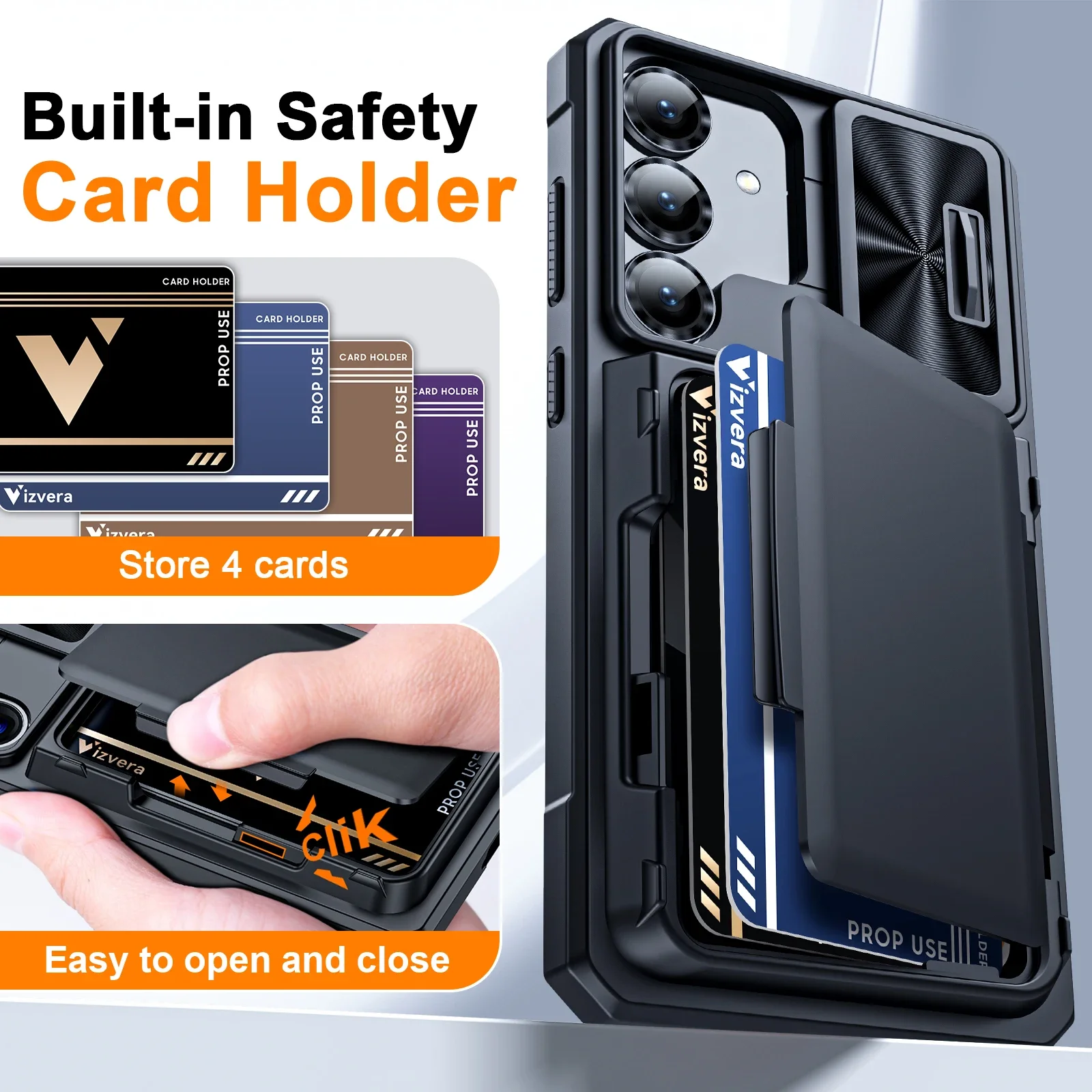 هدية عيد الميلاد، لحافظة الهاتف Samsung S25 Plus، مع حامل البطاقة وحامل حافظة الكاميرا، حافظة مقاومة للصدمات RFID - أسود #2