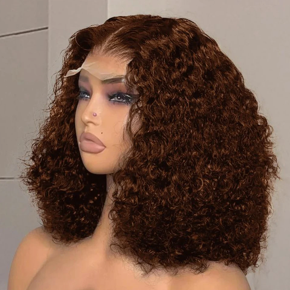 

Chocolate Dack Brown Deep Wave Curly Short Bob Wig 100% Human Hair 13x4 Lace Bob Wig 250% Density Pre Plucked For Black Women