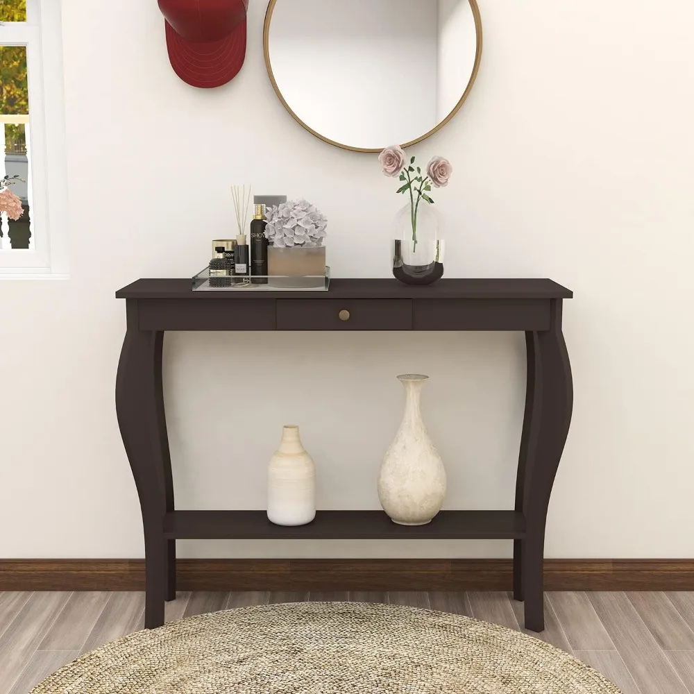 Narrow Console Table with Drawer, Chic Accent Sofa Entryway Table with Shelves for Entryway, Living Room, Hallway, Espresso