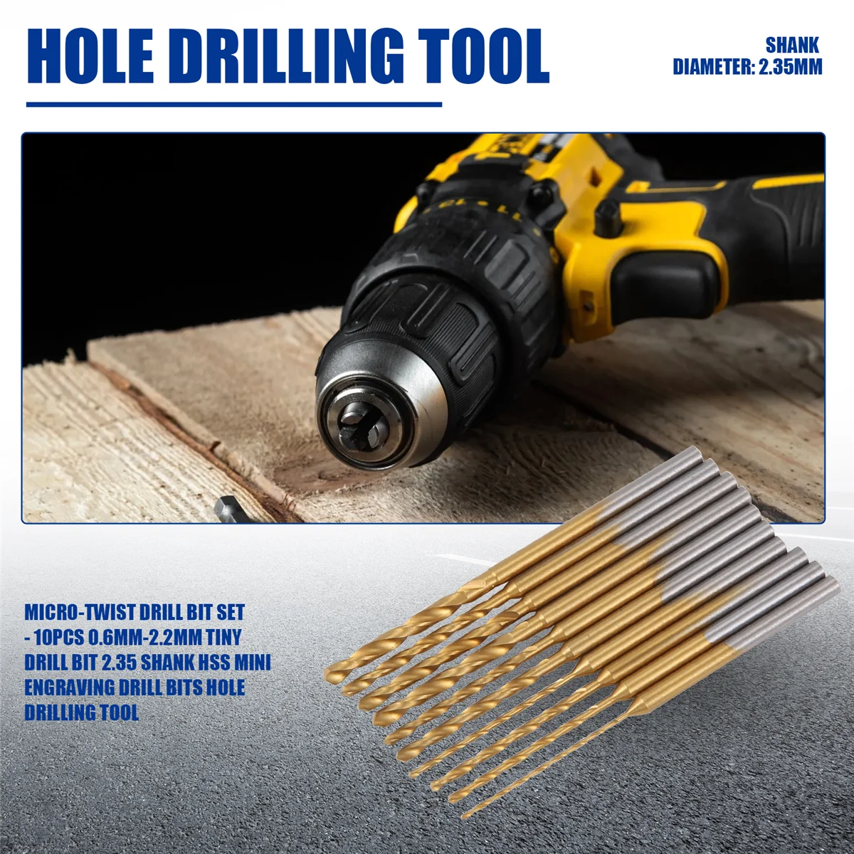 

A12R Micro-Twist Drill Bit Set - 10Pcs 0.6mm-2.2mm Tiny Drill Bit 2.35 Shank HSS Mini Engraving Drill Bits Hole Drilling Tool