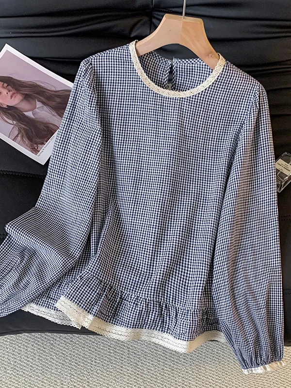 

plus Size Women's Korean Sle Long Sve irt Casual round Ne Plaid Patterned Big Size Hoodie Design Slimming Top