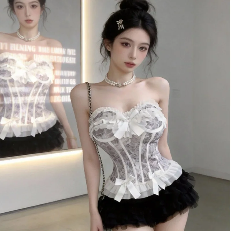 Trendy  Knot Lace Fishbone Crop Top Show Chest Pure Desire Live Broadcasters Sweet Style Short Length Vest