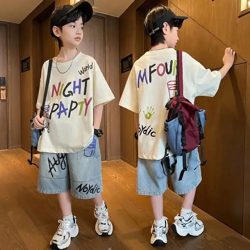 

Boys Summer 2025 New Fashion Pure Cotton Tie dye O-neck T-shirts+Denim Pants 2pcs Streetwear Outfits 5-13Years Kids Clothes Sets