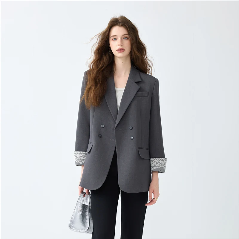 Upscale Suit Blazer Women Clothing Autumn  Loose Casual Double Breasted Jacket Office Ladies Coat Lace Spliced Design Outerwear