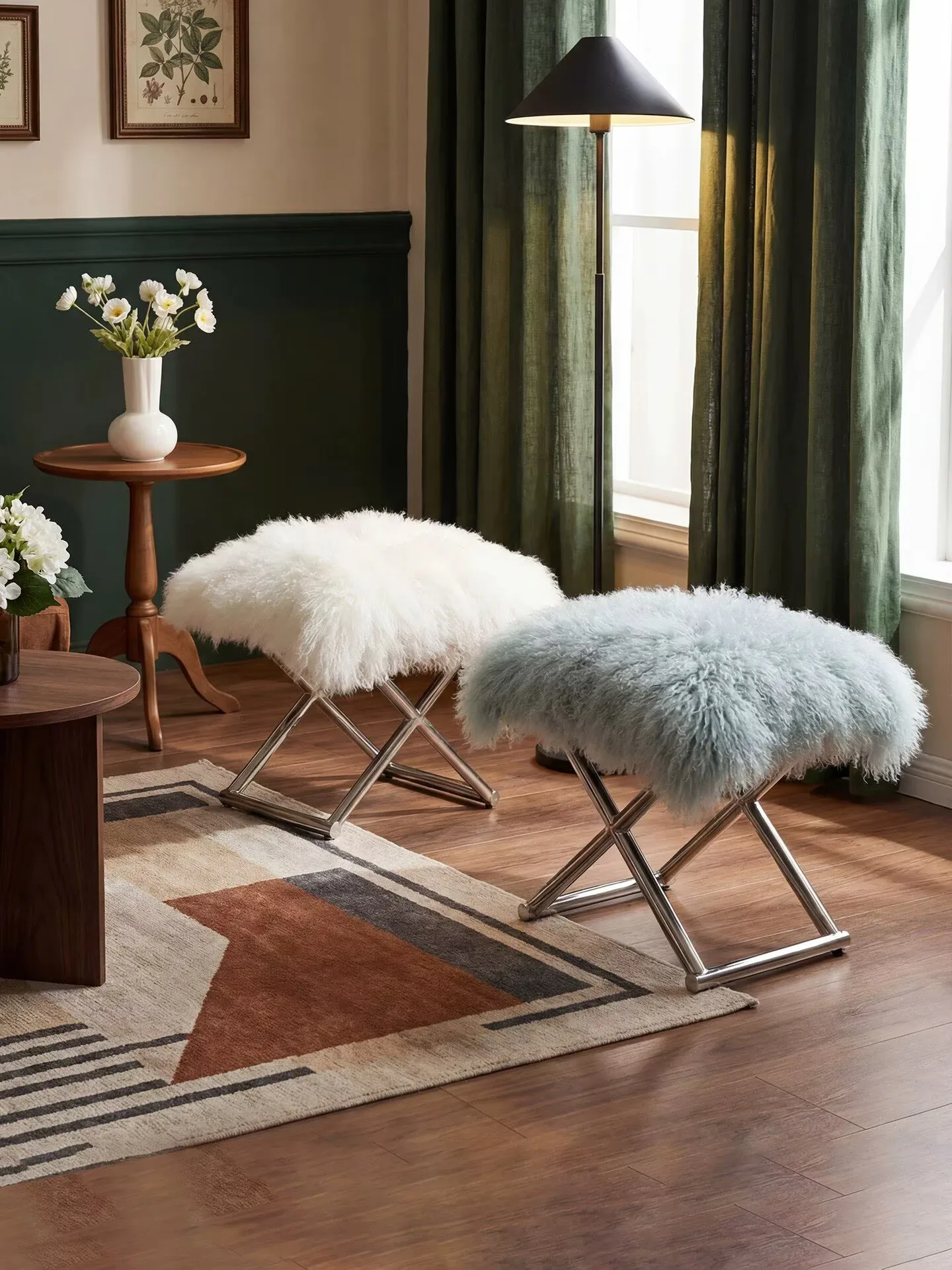 New luxury stool beach wool entrance shoe changing stool fashionable fluffy dressing stool furniture stainless steel stool low s