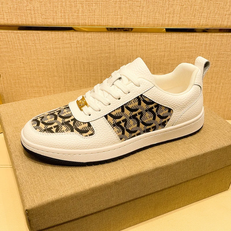 Zapatos casuales de cuero genuino para hombre, zapatos de skate planos con estampado de tendencia de lona, mocasines con cordones para hombre joven