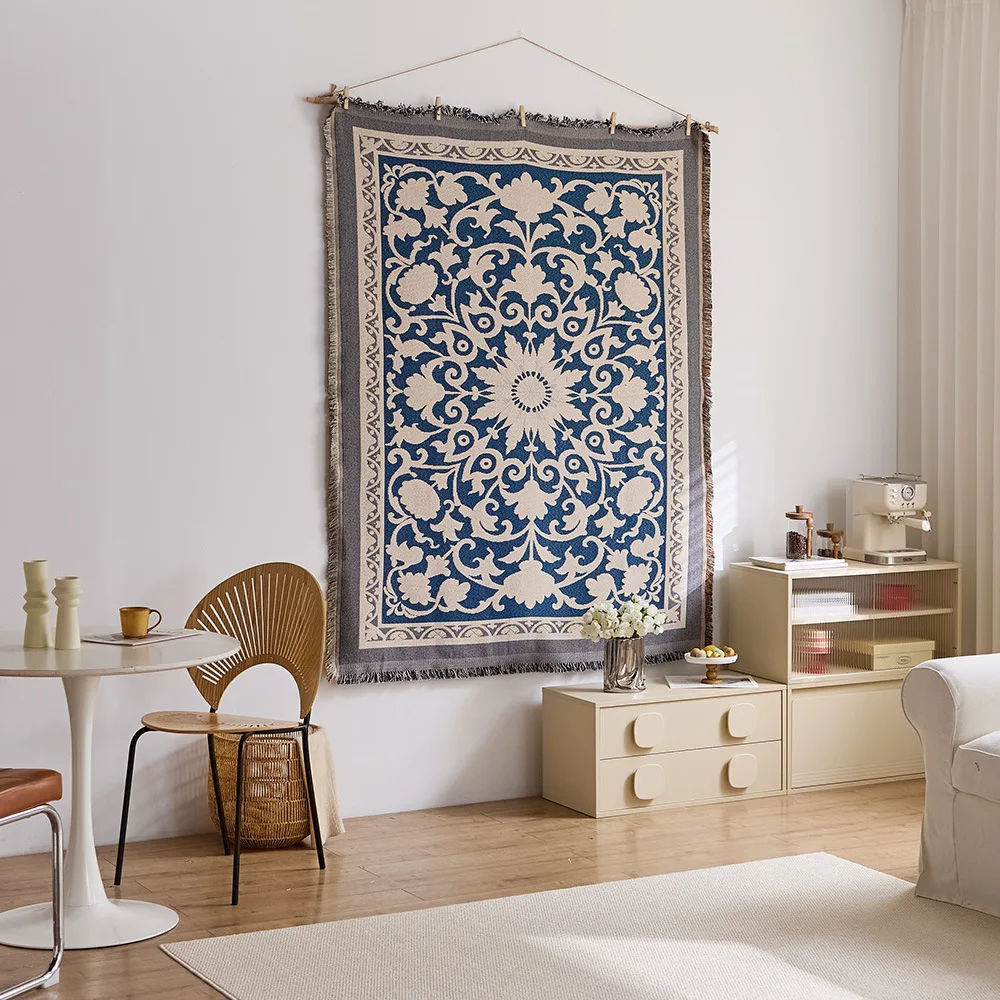 Middle Eastern Ethnic Style Fringed Cotton Yarn Wall Hanging Cloth, Festival Decorative Tapestry Background Fabric