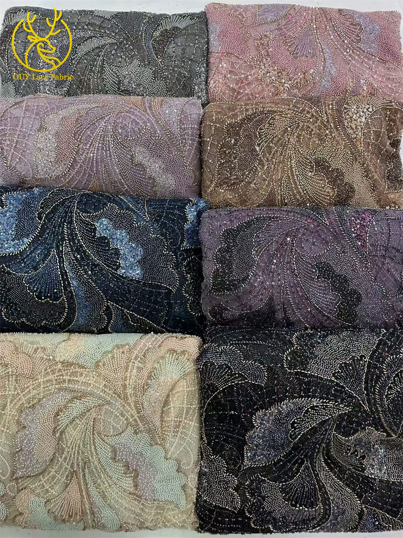 Neuer Stil Afrikanischer Pailletten-Perlen-Spitzenstoff Hochwertige französische schwere Perlen-Spitze für nigerianische Stickerei-Tüllkleider zum Nähen. – Detail 16