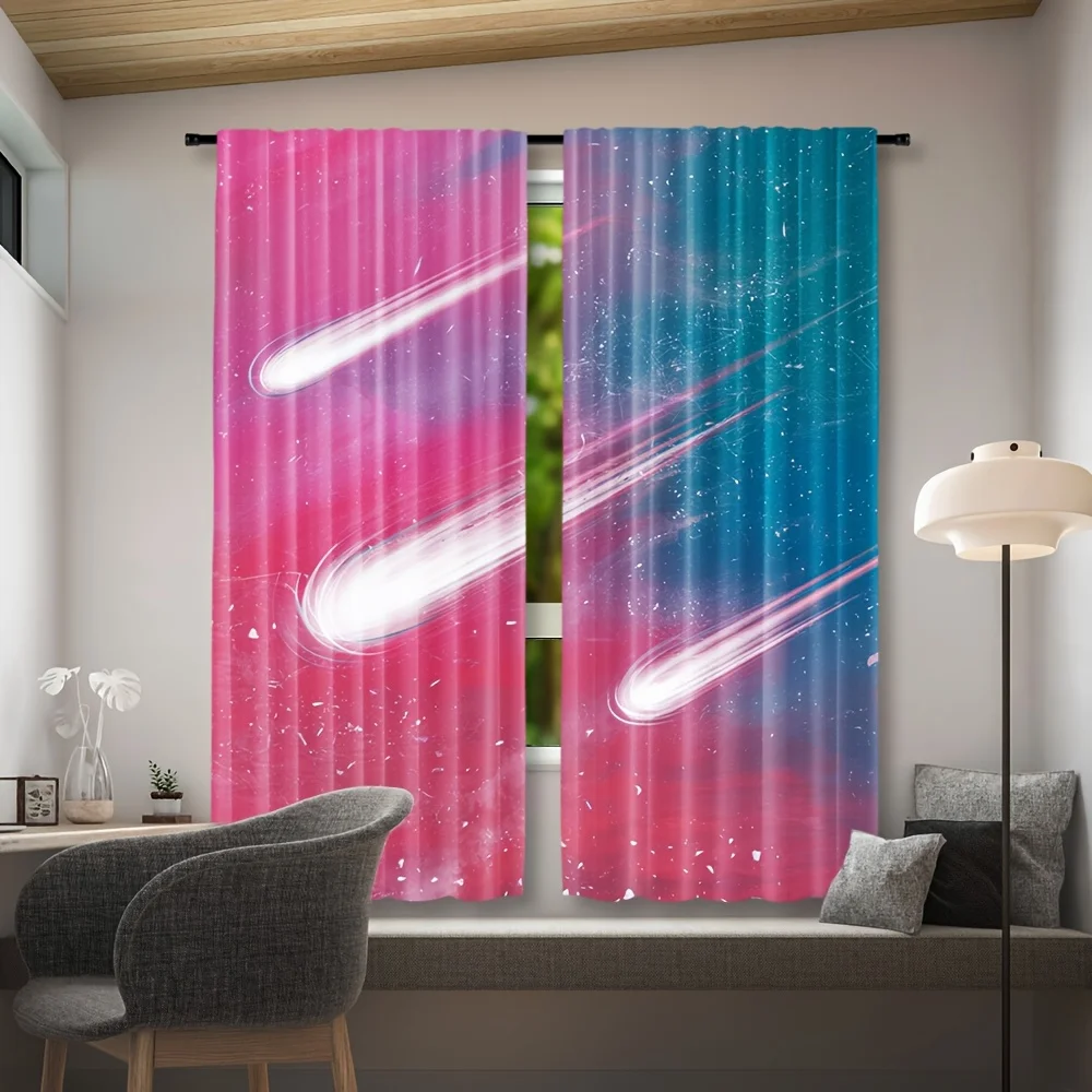 2pcs Whimsical Rainbow & Starry Sky Curtains - Rod Pocket Design, Pastel Shining Stars Art Print, Colorful Aesthetic Drapes for