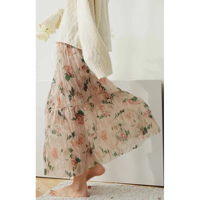 Korobov Y2k Skirts Woman Rose Print Irregularly Pleated Organza Skirt High Waist Long Skirts Vintage Fashion Faldas Para Mujeres