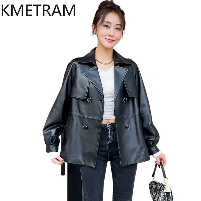 100% Top Layer of Sheepskin Jacket Woman Black Genuine Leather Jackets with Lace Up New in Outerwears Fall Clothes 2025 кожанка